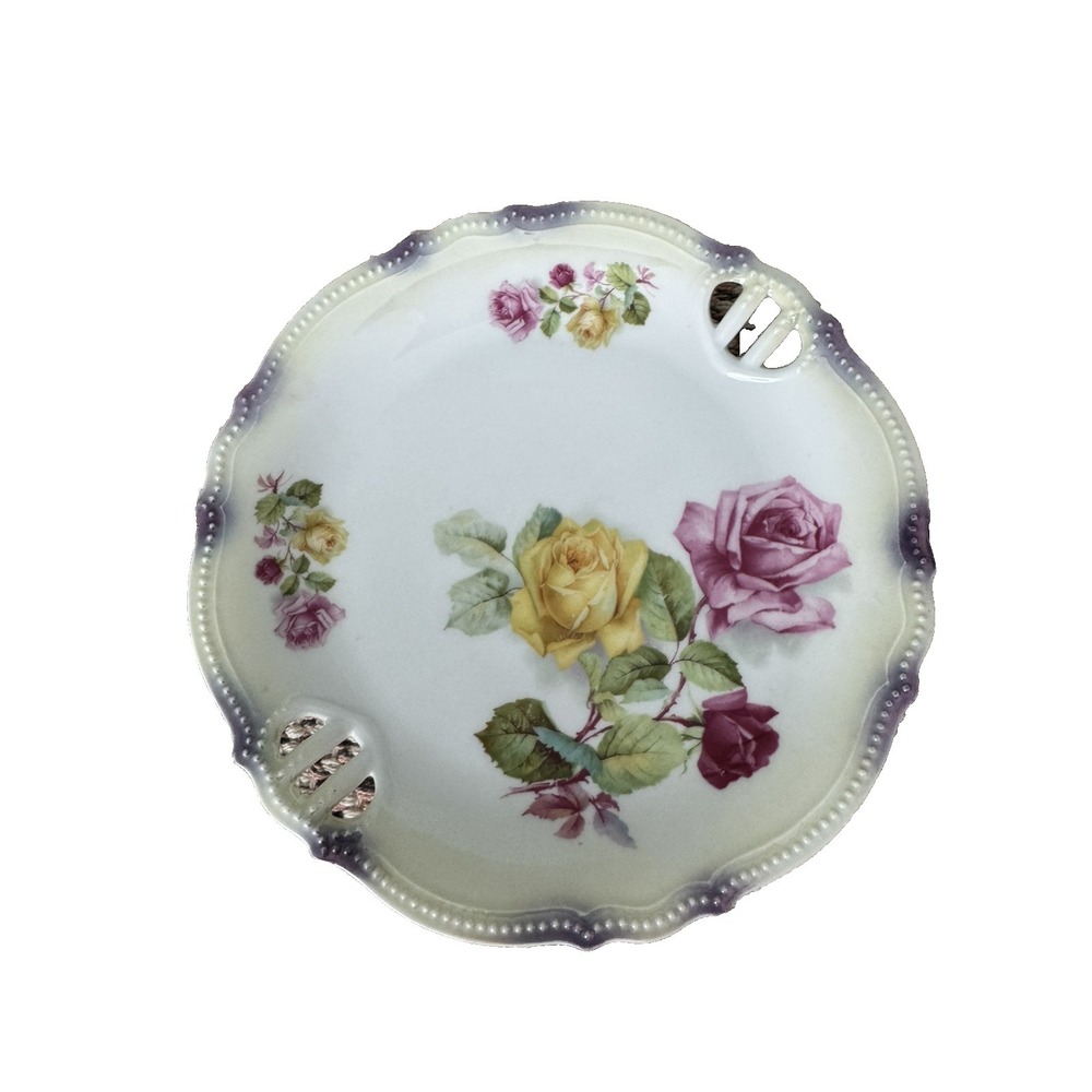 PK Silesia Koenigszelt Pink & Yellow Rose Handled Cake Plate Circa 1914-1922